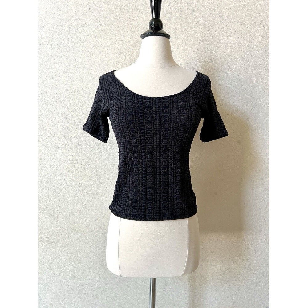 Wolford Blouse Top Small Stretchy Textured Geometric Nylon Black Short Sleeve